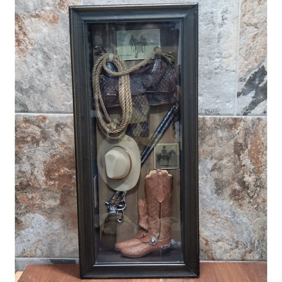 Cowboy Shadow Box Display Miniature Saddle Rifle Hat Boots Southwestern Diorama - Picture 1 of 13